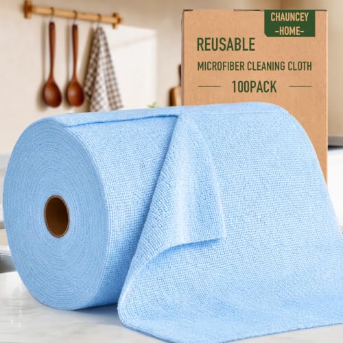 Microfiber Cleaning Cloth Roll - 100 Pack Tear Away Microfiber Paper Towels, Reusable, Washable, Scratch-Free, Kitchen Towels for Car, Home, Kitchen, Glass, Dishes (Blue) - color: Blue