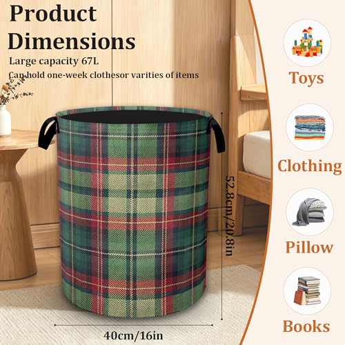 Christmas Plaid Waterproof Laundry Basket with Handles, Foldable Clothes Hamper, Large Capacity Laundry Organizer Bin for Bedroom Bathroom Dorm Room - color: Christmas Plaid