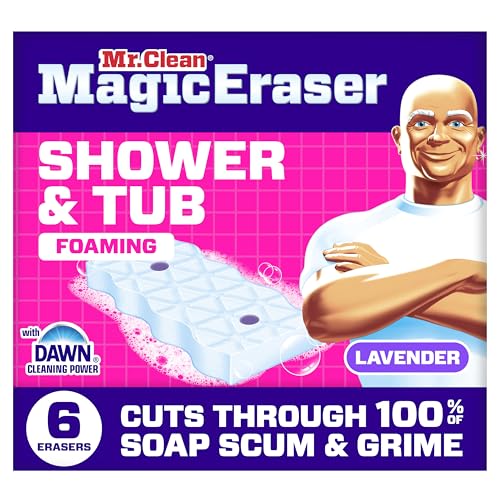 Mr. Clean Magic Eraser Sponge, Bathroom, Shower, Tub Cleaner, Soap Scum Remover, Bathroom Cleaning Supplies, Dawn Cleaning Power with Lavender Scent, Shower & Tub, 6ct - size: 1 Count (Pack of 6)