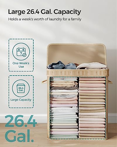 SONGMICS Bamboo Laundry Hamper with Lid, 26.4-Gallons, with Handles - color: Natural Beige, size: 100 L