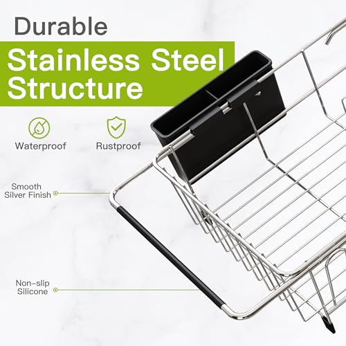 JASIWAY in Sink Dish Drying Rack with Mat, Cups and Utensil Holder - color: Silver, size: For 12"-30"w Sink, with Mat