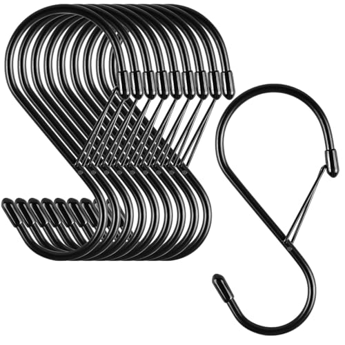 S Hooks for Hanging Plants, 4 Inch Large Heavy Duty S Hooks with Safety Buckle & Stopper Non Slip, 10 Pack Black Metal Closet S Hook for Hanging Clothes, Kitchen Utensil, Jeans, Curtains, Towels, Bag - size: 10 Pieces