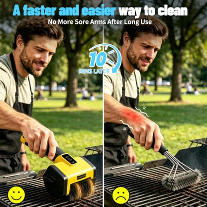 Electric Grill Brush,2-Speed Rechargeable BBQ Grill Cleaner, up to 160 min Runtime, 304 Stainless Steel Brush, LED Light, 2 Brush Heads Included, Most Outdoor Grill Grates - color: Yellow