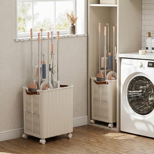 Large Capacity Mop Holder with Wheels, Rolling Broom Storage Organizer On Casters, Heavy Duty Utility Cart for Laundry Room Garage Kitchen Basement, Space Saving Mobile Rack for Cleaning Supplies