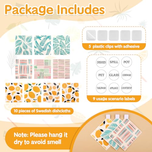Lucomb 10 Pack Swedish Dishcloths Washable, Reusable Swedish Cloths Biodegradable Kitchen Towels with Hanging Clips, Cellulose Cotton Blend, Lemon Prints - color: 10 Pack-lemon Prints+ Clips