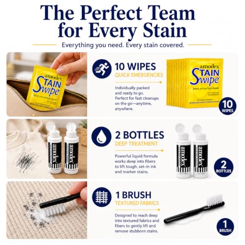 Amodex Ink & Stain Remover Arsenal, Safe and Effective on Clothes, Leather and Skin, Full Set for all your Stain Removal Needs, Includes 2 Bottles, 1 Brush, 10 Wipes - style: Stain Remover Arsenal Kit