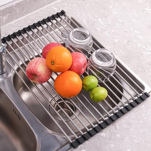 Seropy Roll Up Dish Drying Rack Over the Sink Drying Rack for Kitchen Counter, Rolling Dish Rack Over Sink Mat, Foldable Dish Drainer Stainless Steel Rack Kitchen Organization Gadgets 20.5"x11.8" - color: Black, size: 20.5 x 11.8 in