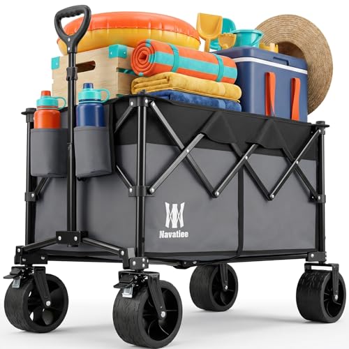 Navatiee 330Lbs Collapsible Folding Wagon, Beach Wagon Cart Heavy Duty Foldable with Big Wheels, Utility Grocery Wagon with 165L Large Capacity for Camping Garden Sports, Gray - color: Gray, size: 165L