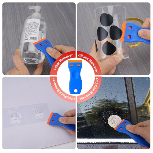 Razor Blade Scraper with 2 Pcs Plastic Scraper, Scraper Tool for Cooktop, Oven, Stove, Labels Decal, Plastic Blades for Clean Glass Window, Scraper Buit-In Blade torage, Upgraded Lock Mechanism,Gray