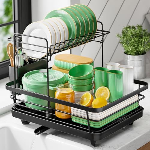 Kitsure Dish Drying Rack for Kitchen Counter, 12''W x 15.5''L, 2-Tiers - color: Black, size: 12''W x 15.5''L - 2 Tiers