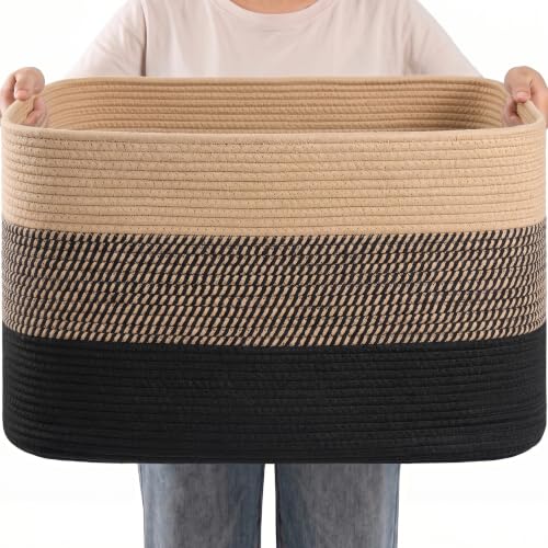 Large Laundry Basket/Hamper, 22"x17"x12", Jute/Black - color: Yellow/Black, size: 75L