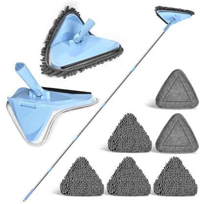 NEWE Wall Washer Mop with 80 Inch Long Handle, Wall and Ceiling Cleaner, 180° Folding Wall Scrubber with Long Handle, Triangle Baseboard Scrubber, 4 Chenille Duster & 2 Microfiber Pads - color: Chambray Blue