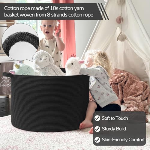 INDRESSME 115L Extra Large Woven Rope Blanket Basket Living Room, Black - color: Black, size: 23.6"D x 15.7"H
