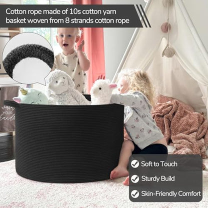 INDRESSME 115L Extra Large Woven Rope Blanket Basket Living Room, Black - color: Black, size: 23.6"D x 15.7"H
