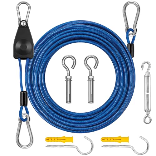 40FT Outdoor Clothesline Wire Rope System, Adjustable Steel Laundry Line with Pulley & Turnbuckle, Heavy Duty Clothes Line for Outdoor, Camping & Backyard Use (Blue) - color: Blue, size: 40FT