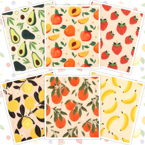 Lucomb Swedish Dish Cloths for Kitchen | 6-Pack Super Absorbent Washable Cleaning Cloths Reusable Paper Towels| Quick-Drying Sponge Wipes No Odor for Party Home Housewarming Kitchen Cleaning - color: 6 Pack- Fruits