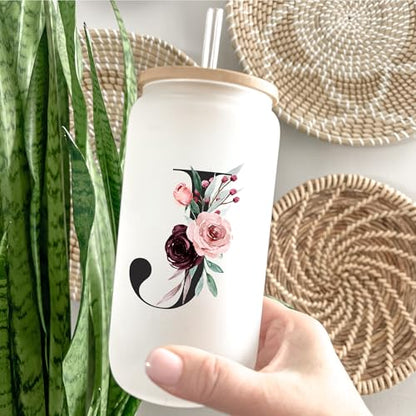 Personalized Gifts for Women, Cute Glass Cups with Lids and Straws, Customized Initial Iced Coffee Cup Drinking Glasses, Custom Letter Tumbler Mug, Nana Grandma Gigi Mimi Grandmother Momma Gifts, G - style: Letter G