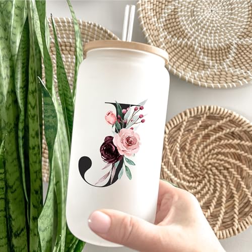 Personalized Customized Gifts for Women, Cute Glass Cups with Lids and Straws, Monogrammed Drinking Initial Iced Coffee Cup, Custom Letter Mug Tumbler, Nana Gigi Grandmother Grandma Mimi Gifts, V - style: Letter V