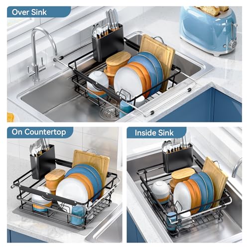 TOOLF Dish Drying Rack in Sink with Utensil Holder, RV, Apartment, Black - size: XLarge Size