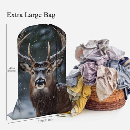 Swono Noble Deer Laundry Bags for Travel, College, Camping and Gym Winter Snow Jungle Animal Portrait Antler Horn 28" x 40", Polyester - color: Noble Deer