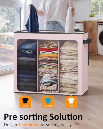 Optish 180L Laundry Hamper 3 Section, Large Hamper with Mesh Bags & Lid - color: Pink