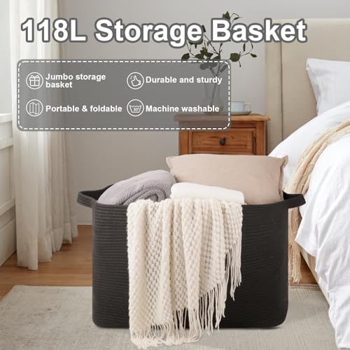 OIASKET 118L Extra Large Blanket Basket, 24.8" x 17.7" x 17.2" Woven Basket - color: Black, size: 24.8"x17.7"x16.2"