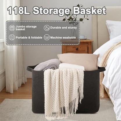OIASKET 118L Extra Large Blanket Basket, 24.8" x 17.7" x 17.2" Woven Basket - color: Black, size: 24.8"x17.7"x16.2"