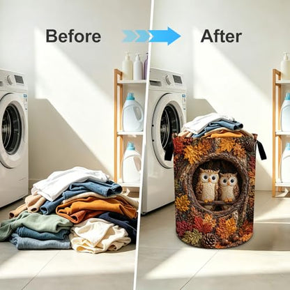 Owl Print Laundry Basket Foldable Oxford Laundry Hamper With Handle For Room Bathroom Bedroom - color: Owl
