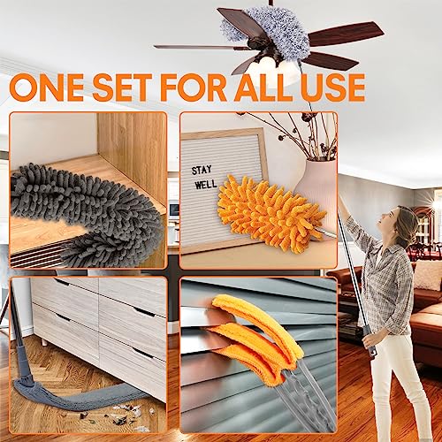 Dusters for Cleaning, 30-100 Inch Long Handle with 4 Duster Types - color: Orange