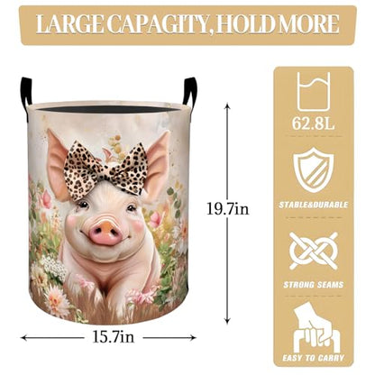 Cute Piglet with Bow and Flowers Laundry Basket, Dorm Nursery Foldable Laundry Hamper Organizer for Bathroom Decor, Toy Clothes Storage Box for Bedroom 19.7x15.7 Inch - style: Pig24