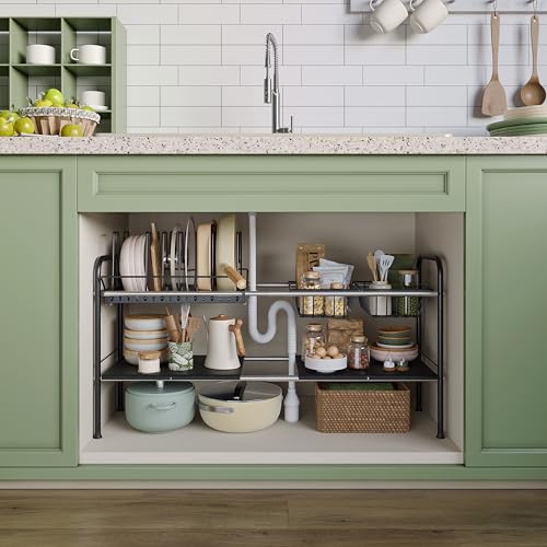 NETEL Expandable Under Sink Organizer，Pot and pan Organizer Under Cabinet - size: Multi-functional with pot holder