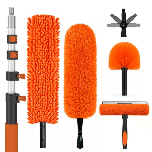 SISUPASSIE 36FT Reach High Ceiling Duster Kit, Window Cleaning kit with 7-30FT Extension Pole, Fan Duster for Ceiling Fan Blades, Microfiber Feather Duster, Rotatable Window Squeegee and Cobweb Duster - size: 30FT