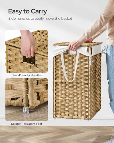 SONGMICS Laundry Hamper with Lid, 23.8 Gal (90 L) Synthetic Rattan,Foldable - color: Goose Yellow, size: 90 L