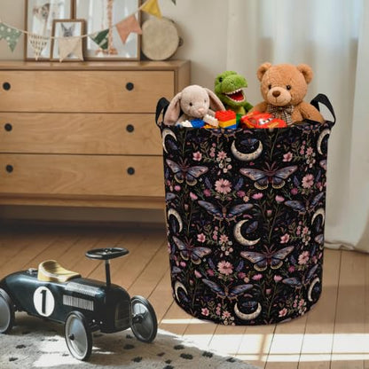 Moody Gothic Moth Floral Laundry Basket with Handles, Dark Academia Witchy Flower Butterfly Collapsible Waterproof Laundry Hamper Clothes Storage Basket for Bedroom Bathroom Home - color: style 01
