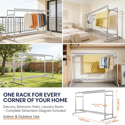 7.2ft Clothes Drying Rack, Heavy Duty Steel Laundry Rack Indoor Outdoor, Blanket Rack Clothesline with Hooks(Height 5.3ft/1.6m) - size: Height 5.3ft/1.6m