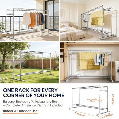 Clothes Drying Racks, 7.2ft Heavy Duty Standing Dry Racks with Hooks, Indoor Outdoor Balcony Laundry Clothing Hanger, High Capacity Blanket/Sheet/Shoes Dry Rack(Height 5.3ft/1.6m) - size: Height 5.3ft/1.6m