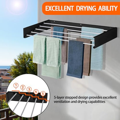 FOCHIER F Laundry Drying Rack Wall Mounted Clothes Drying Rack Collapsible with 5 Aluminum Rods and Drilling Template Long Screwdriver Bit 60 lbs Capacity (Black, 40") - color: Black, size: 40"