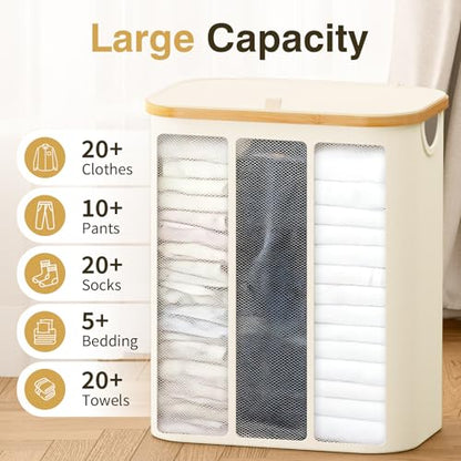 Hampers for Laundry Basket with Lid, 160L Large Laundry Hamper 3 Section - color: Beige, size: 160L