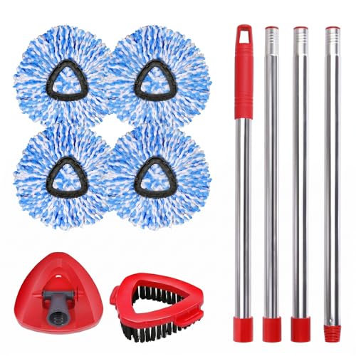 4 Packs Spin Mop Replacement Heads Compatible with Ocedar RinseClean 2-Tank System, 30-58" Mop Handle,Mop Scrub Brush and Base Combo Set,Mopping Refills Easy to Replace and Cleaning - color: Blue Scrub Brush Mop Set, size: For 2-Tank