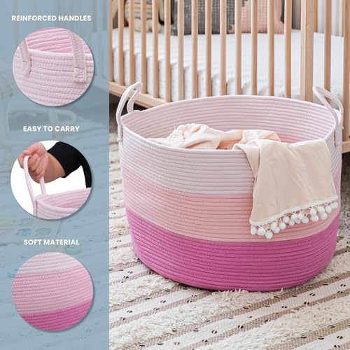 OrganiHaus Round Toy Basket & Blanket Basket, Cotton Rope 20x13" - color: 3-toned Pink, size: Wide