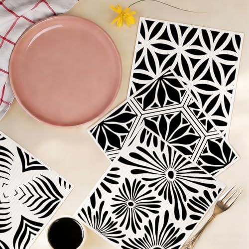 6 Pack Swedish Dishcloths Black White Geometric Kitchen Towels 02 - color: Multi 1529