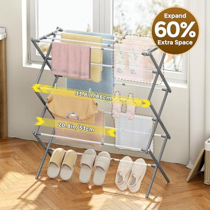 KINGBOARD 3-Tier Extendable Clothes Drying Rack, Foldable, White & Grey - color: White&grey