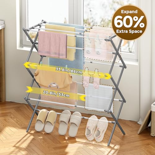 KINGBOARD 3-Tier Extendable Clothes Drying Rack, Foldable, White & Grey - color: White&grey
