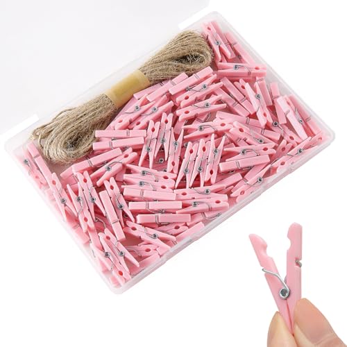 100 Pcs Baby Shower Clothespins 1.4 Inch Pink Mini Plastic Clothes pins with 33 Ft Jute Twine, Small Tiny Clothes Pins for Girl Baby Shower Games, DIY Crafts Photos Decorations - color: Pink