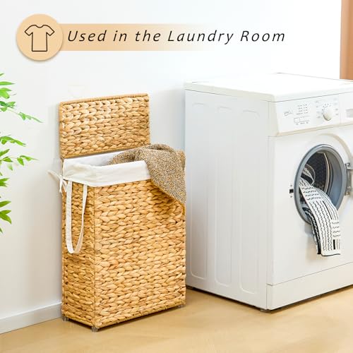 Slim Laundry Hamper with Lid, Handwoven Natural Water Hyacinth Basket - color: Natural, size: 65L