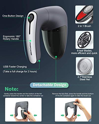 POPCHOSE Fabric Shaver, Rechargeable Lint Remover with 6-Blades and Electrostatic Brush, Dry Brushing Body Brush