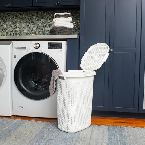 Mind Reader Slim Laundry Hamper with Lid, 60L Tall Clothes Basket, Narrow Tapered Design for Bathrooms, Closets and Laundry Rooms, Plastic, White - color: White, size: 1 Piece
