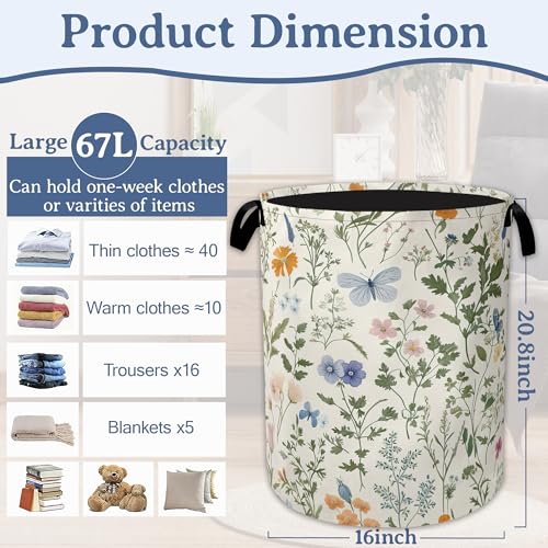 Wildflowers Laundry Hamper With Handle,Foldable Oxford Cloth Vintage Plants Herb Flower Butterfly Laundry Basket,20.8"x16" Clothes Storage Basket for Laundry Room/Bedroom/Bathroom - color: Wildflowers Vintage Plants Herb Flower Butterfly