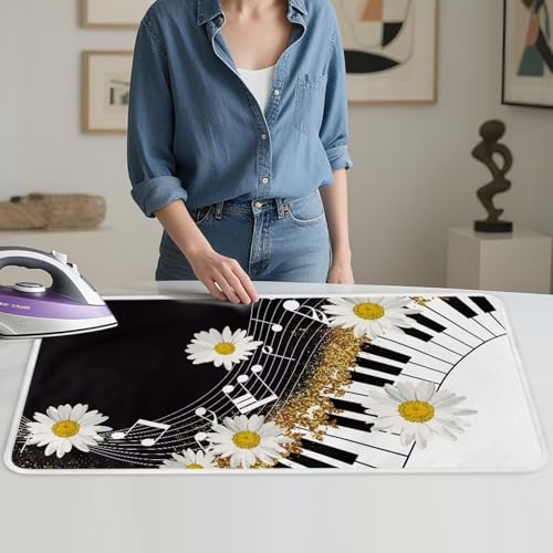 Music Ironing Pad Ironing Blanket Thick Travel Iron Pad Heat Resistant Ironing Board Cover for Table Top, Washer, Dryer,32 x 16 Inch Ironing Mats,Black Piano Daisy - color: Piano Muisc Daisy