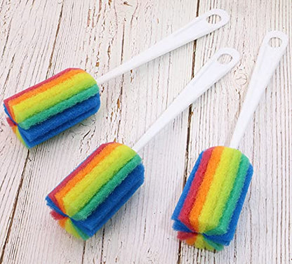 Mini Skater 3PCS Cleaning Bottle Sponge Brush with Long Handle Scouring Pad Scrub Brushes for Kitchen Clean Glasses Mugs Cups (Color Random)